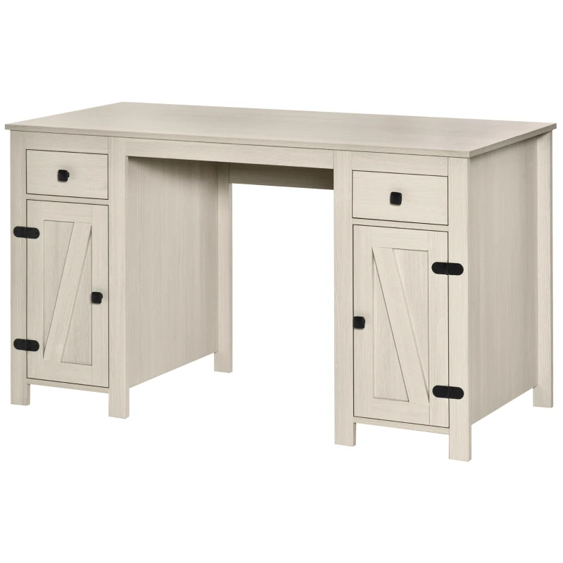 HOMCOM Farmhouse Computer Desk with Storage, Home Office Desk with 2 Drawers and 2 Cabinets, Cream White