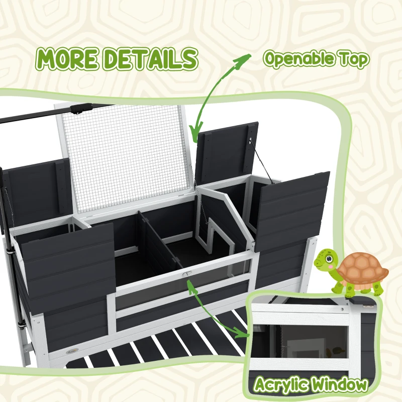 PawHut Tortoise Enclosure Tortoise House with Adjustable Lamp Holder Storage Shelf, Dual Main Houses, Openable Lid, Gray