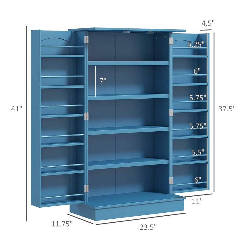 HOMCOM Freestanding Kitchen Pantry Cabinet, Kitchen Cabinet with 12 Door Shelves, Double Doors, 5-tier Shelving, Blue