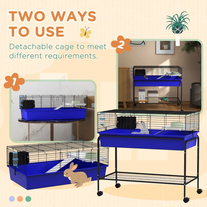 PawHut Two-Story Small Animal Cage Removable from Stand, Pet Habitat with Shelf & Wheels, 39" x 20.5" x 36.5", Blue