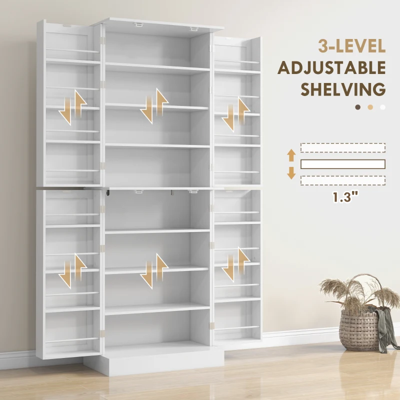 HOMCOM 65" Kitchen Cabinet, Kitchen Pantry Cabinet with 4 Doors and 16 Door Shelves for Dining Room, White