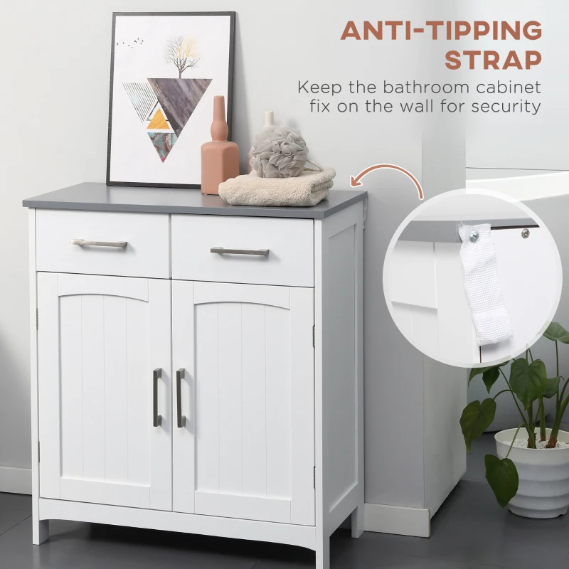kleankin Bathroom Floor Cabinet, Freestanding Linen Cabinet, Storage Cabinet with 2 Drawers, Double Doors, Adjustable Shelf, White