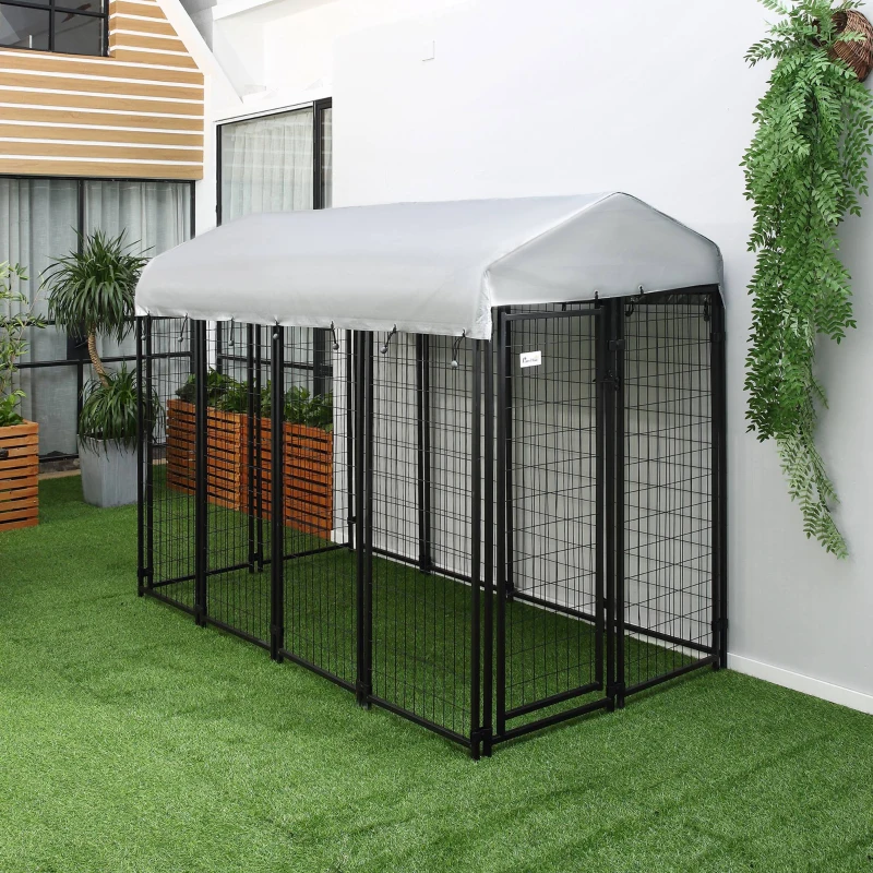 PawHut Outdoor Dog Kennel with Roof, 8' x 4' x 6' Heavy Duty Welded Wire Dog Playpen Enclosure with Escape-proof Lock, UV-Resistant & Waterproof Cover, for Large Dogs, Silver