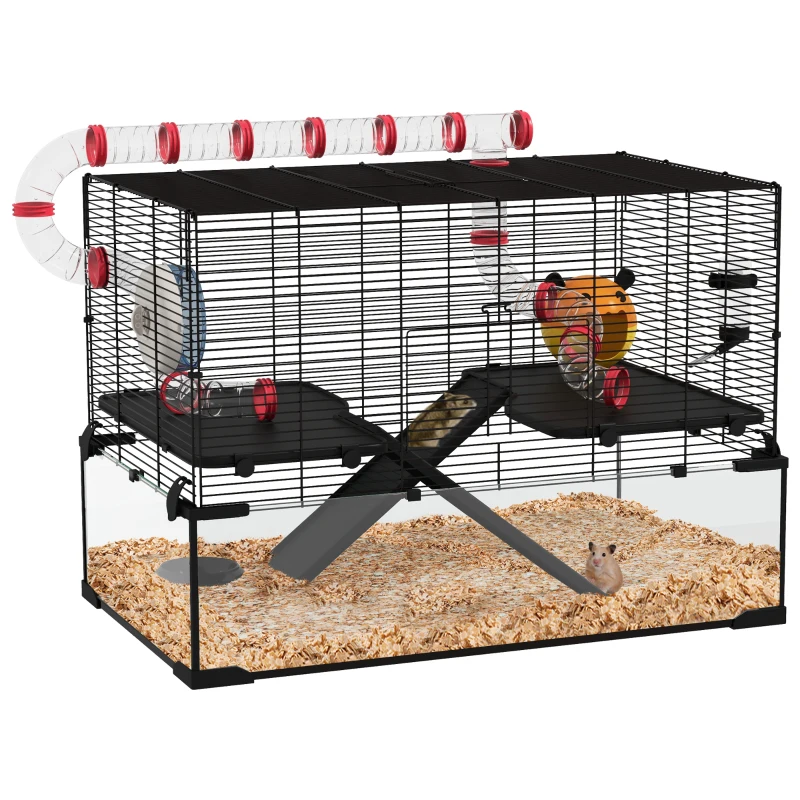 PawHut 31" Hamster Cage with Tube and Tunnel, Deep Glass Bottom