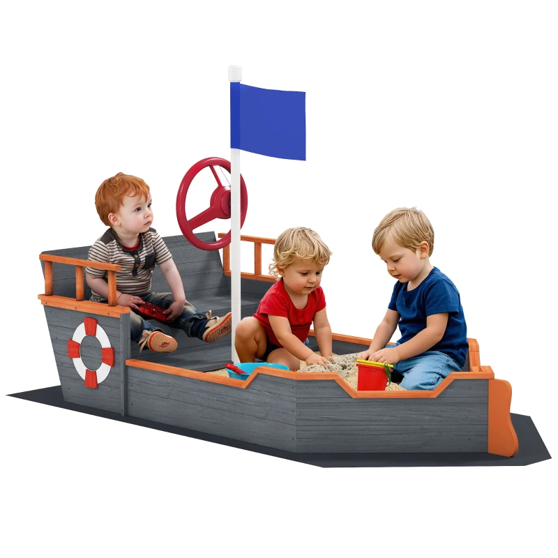 Outsunny Kids Wooden Sandbox Pirate Ship Sandboat w/ Bench Seat Storage Space Ceder Wood, Gray