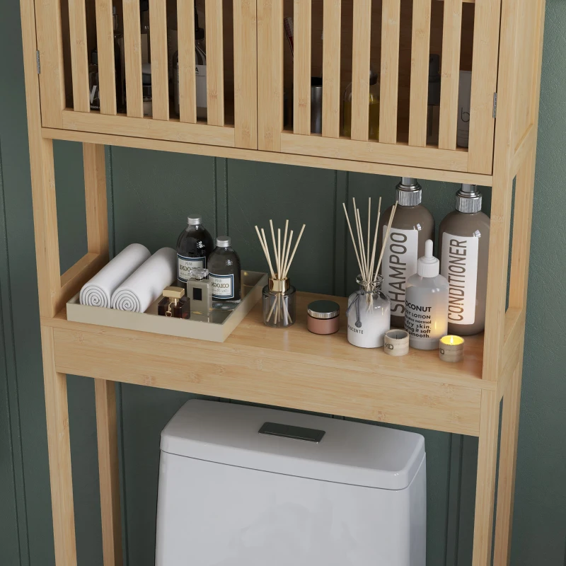 HOMCOM Over the Toilet Cabinet, Bamboo Bathroom Above Toilet Storage with Slatted Doors and Adjustable Shelf, Natural