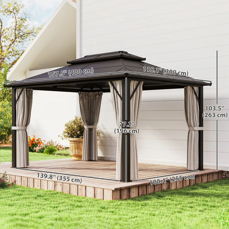 Outsunny 10' x 13' Hardtop Gazebo Canopy with UPF30+ Double Polycarbonate Roof, Aluminum Frame, Netting and Curtains, Beige