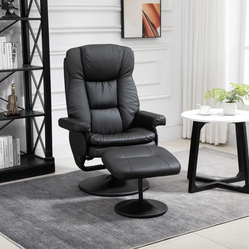 HOMCOM PU Leather Recliner Chair with Ottoman, Swivel Recliner and Ottoman with Round Wrapped Base for Living Room, Black
