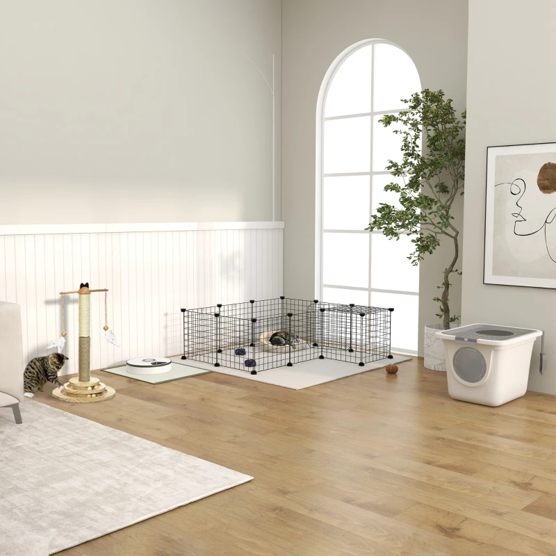 PawHut 36 Panels Small Animal Playpen with Door, DIY C & C Cage for Guinea Pigs with Ramp, Portable Metal Wire Yard for Rabbit, Hedgehogs, 14 x 14 in