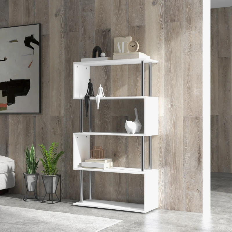 HOMCOM 5-Tiers Geometric Wooden Bookcase S-Shaped Storage Bookshelf Display with Metal Frame for Living Room, Bedroom, Home Office, White