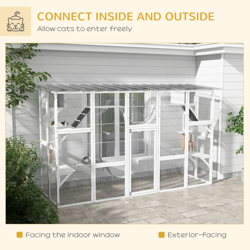 PawHut Catio Playground Cat Window Box Outside Enclosure for Multiple Cats w/ Shelves & Bridges, White