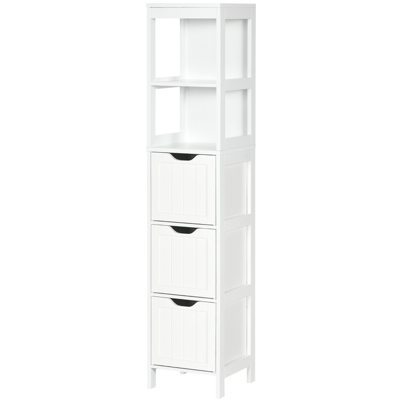 kleankin Tall Bathroom Cabinet, Slim Bathroom Storage Cabinet, Narrow Floor Cabinet with 3 Drawers and 2 Open Shelves, Freestanding Linen Tower for Small Space, 12" x 12" x 56", White