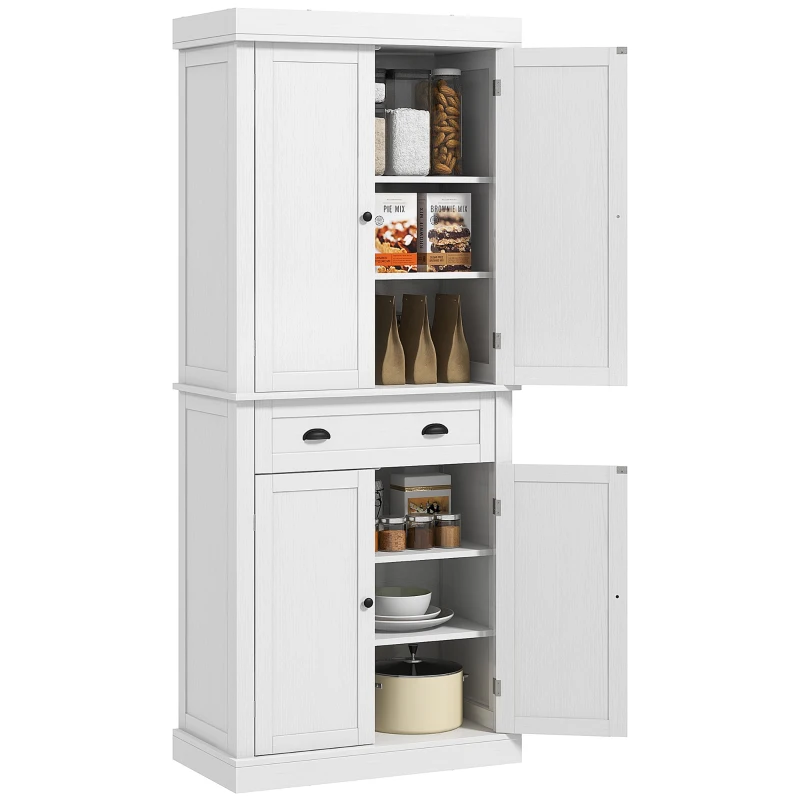 HOMCOM 72.5" Kitchen Cabinet, Pantry Storage Cabinet with Doors and Shelves, Freestanding Food Pantry Cabinet, White Wood Grain