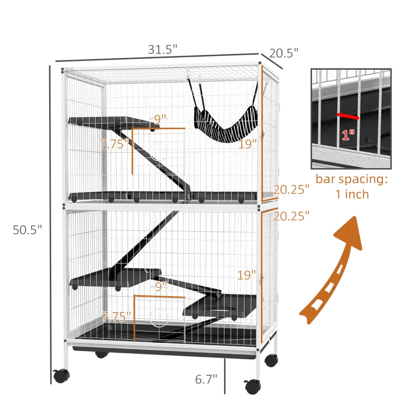 PawHut 50" H Rolling Small Animal Cage with Hammock, Ferret Cage, Chinchilla Cage, Pet Habitat, wIth 4 Doors, Removable Tray