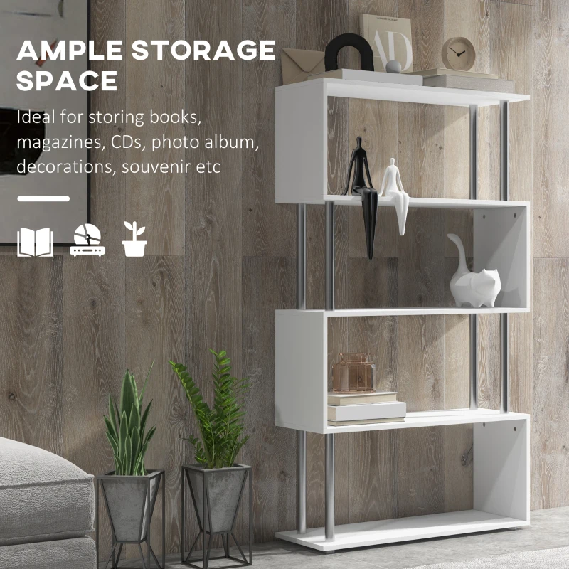HOMCOM 5-Tiers Geometric Wooden Bookcase S-Shaped Storage Bookshelf Display with Metal Frame for Living Room, Bedroom, Home Office, White