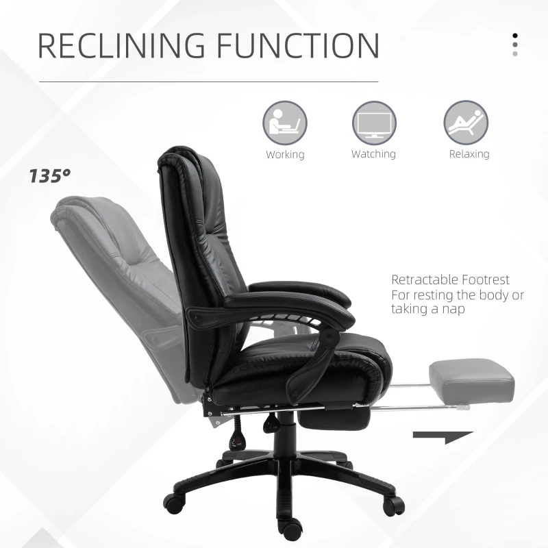 Vinsetto Executive High Back Office Chair Executive Computer Desk Chair with PU Leather, Adjustable Height and Retractable Footrest, Black