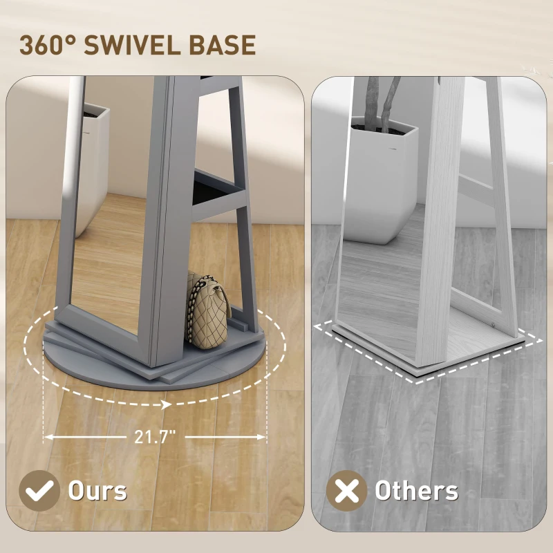 HOMCOM 360° Swivel Jewelry Armoire, Lockable Jewelry Cabinet with Full-Length Mirror, Storage Shelves, Gray