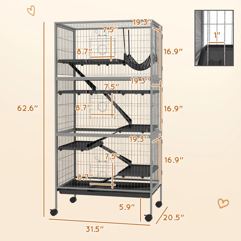 PawHut 63" H Rolling Small Animal Cage with Hammock, Ferret Cage, Chinchilla Cage, Pet Habitat with 6 Doors, Removable Tray