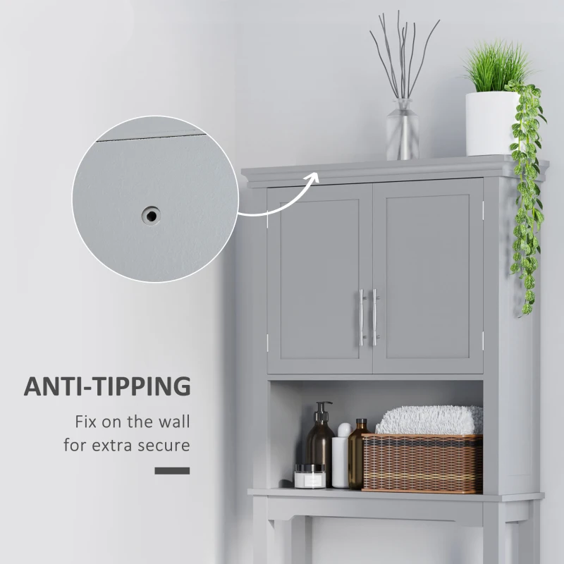 kleankin Modern Over The Toilet Storage Cabinet, Double Door Bathroom Organizer with Inner Adjustable Shelf and Open Shelf, Gray