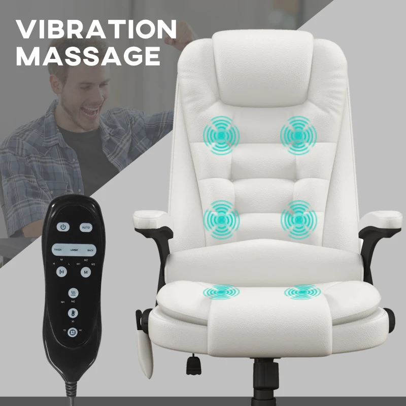 HOMCOM Massage Office Chair, Heated Reclining Computer Chair with 6 Vibration Points, Armrest and Remote, White