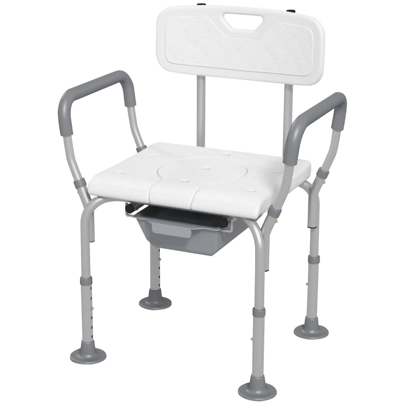 HOMCOM 3-in-1 Shower Chair with Back and Arms, Height Adjustable Bedside Commode, Raised Toilet Seat with Non-Slip Rubber Foot Pad for Seniors, Disabled, White