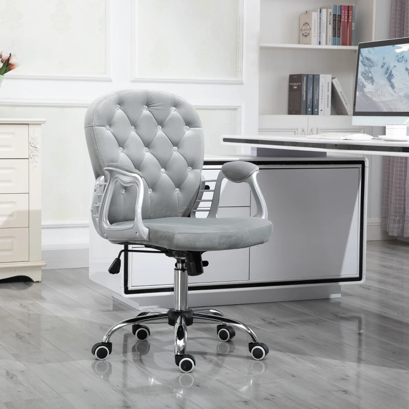 Vinsetto Velvet Home Office Chair, Button Tufted Desk Chair with Padded Armrests, Adjustable Height and Swivel Wheels, Gray