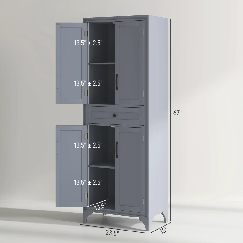 HOMCOM 67" 4-Door Kitchen Pantry with Drawer and Adjustable Shelves, Gray