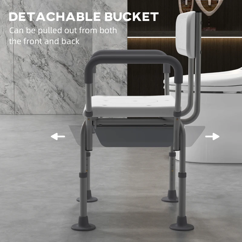 HOMCOM 3-in-1 Shower Chair with Back and Arms, Height Adjustable Bedside Commode, Raised Toilet Seat with Non-Slip Rubber Foot Pad for Seniors, Disabled, White
