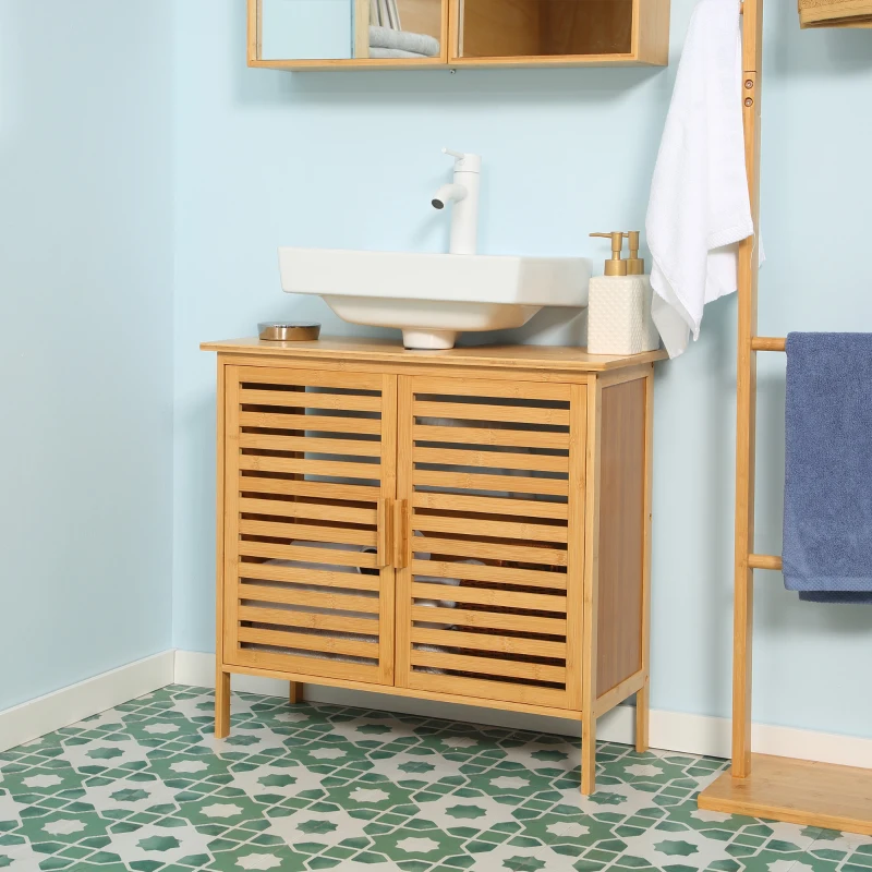 kleankin Freestanding Bathroom Sink Cabinet, Bamboo Under Sink Cabinet Cupboard Organizer with 2 Slatted Doors, Natural