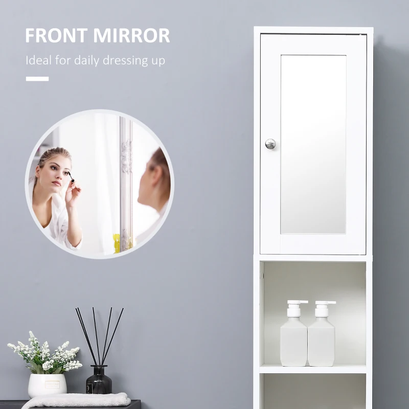 kleankin Tall Bathroom Storage Cabinet with Mirror, Wooden Freestanding Tower Cabinet with Adjustable Shelves for Bathroom or Living Room, White