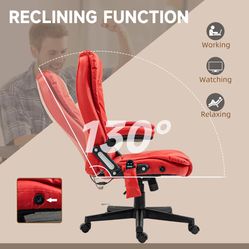 HOMCOM Massage Office Chair, Heated Reclining Computer Chair with 6 Vibration Points, Armrest and Remote, Red