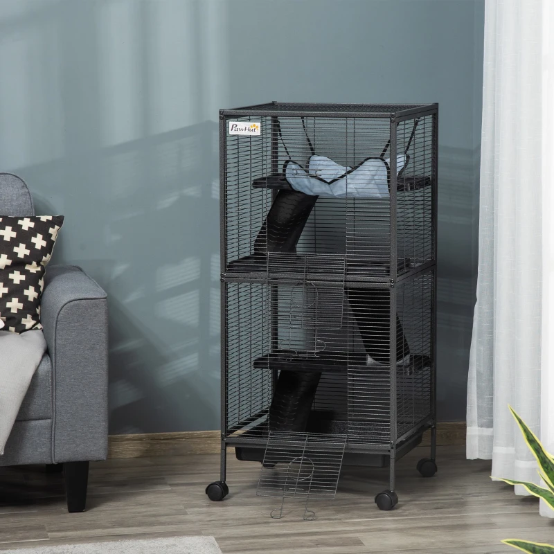 PawHut Metal Small Animal Cage Rolling Big Ferret Cage, Chinchilla Cage, Sugar Glider Cage, with Hammock & 4 Tiers, Removable Tray, Gray