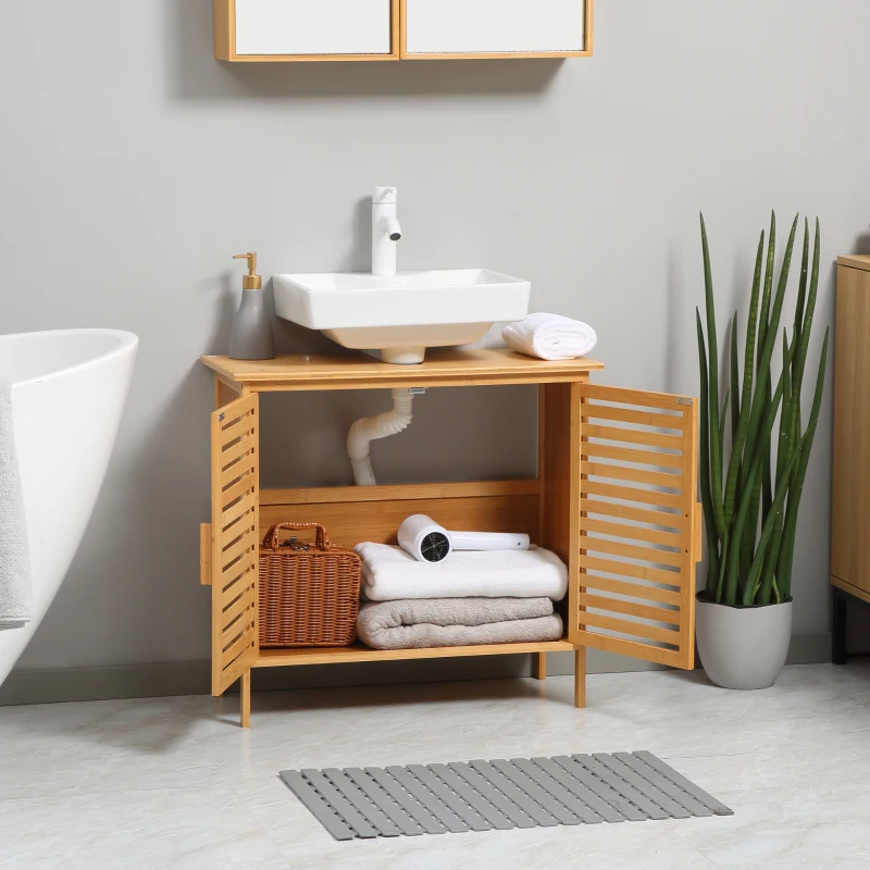 kleankin Freestanding Bathroom Sink Cabinet, Bamboo Under Sink Cabinet Cupboard Organizer with 2 Slatted Doors, Natural