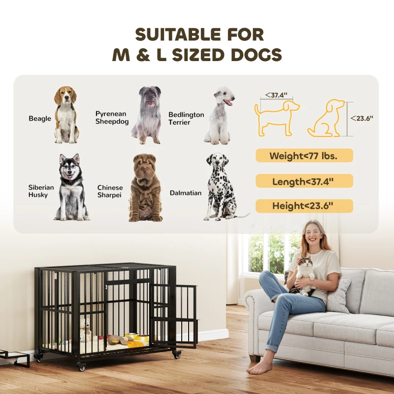 PawHut 43" Heavy Duty Dog Crate, Strong Steel Foldable Large Dog Crate with 4 Lockable Wheels, Double Doors, Openable Top and Removable Trays for Medium and Large Dogs, Black