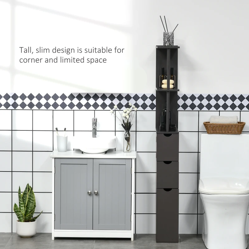 HOMCOM 54" Tall Bathroom Storage Cabinet, Freestanding Linen Tower with 2-Tier Shelf and Drawers, Narrow Side Floor Organizer, Brown