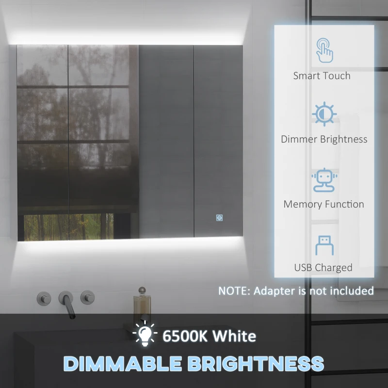 kleankin LED Medicine Cabinet, Wall-Mounted Bathroom Vanity Mirror Organizer with Dimmer Touch Switch, USB Charged, White