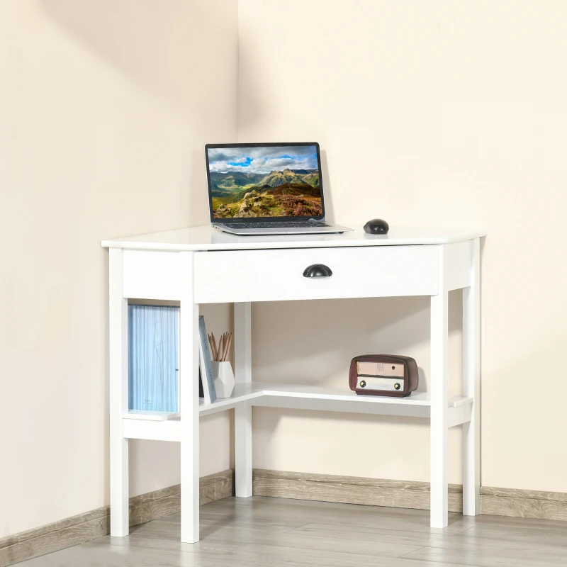 HOMCOM Corner Desk, Triangle Computer Desk with Drawer and Storage Shelves for Small Spaces, Home Office Workstation for Living Room, or Bedroom, White