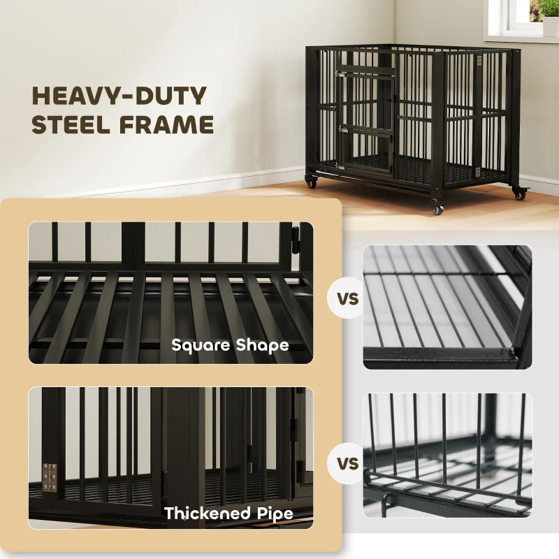 PawHut 43" Heavy Duty Dog Crate, Strong Steel Foldable Large Dog Crate with 4 Lockable Wheels, Double Doors, Openable Top and Removable Trays for Medium and Large Dogs, Black