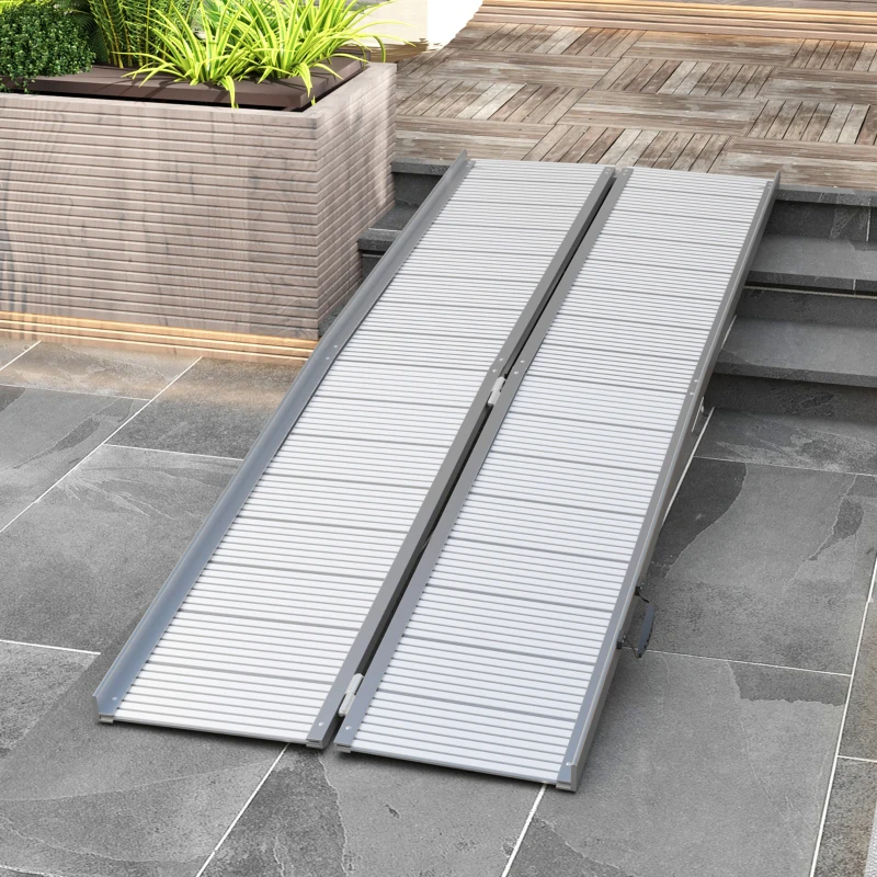 HOMCOM 8' Foldable Handicap Ramp for Home, Steps, Doorways, Aluminum Portable Wheelchair Ramp, Textured Threshold Ramp, Silver(m-10)