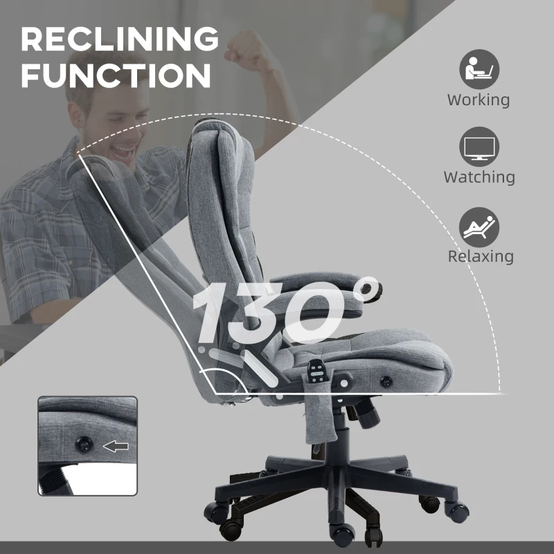 HOMCOM 6 Point Vibrating Massage Office Chair with Heat, Linen High Back Massage Desk Chair with Reclining Backrest, Gray