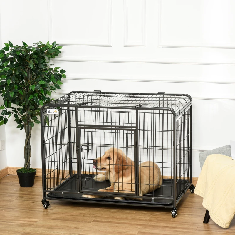 PawHut Folding Design Heavy Duty Metal Dog Cage Crate & Kennel with Removable Tray and Cover, & 4 Locking Wheels, Indoor/Outdoor 43"