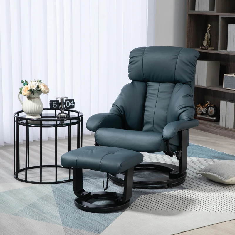 HOMCOM Swivel Recliner with Ottoman, Faux Leather Reclining Chair with Massage, Footstool Remote and Side Pocket, Blue