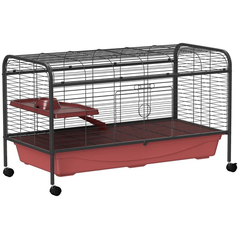 PawHut 48" L Small Animal Cage, Pet Play House for Rabbit Hutch or Ferret with Feeder, Rolling Wheels, Platform, Ramp