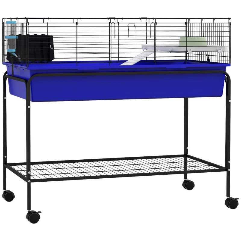 PawHut Two-Story Small Animal Cage Removable from Stand, Pet Habitat with Shelf & Wheels, 39" x 20.5" x 36.5", Blue