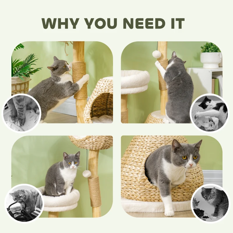 PawHut 41" Cat Tree for Indoor Cats with Wooden Cat Scratching Posts, Cat Condo, Cat Beds & Toy Balls, Cream White