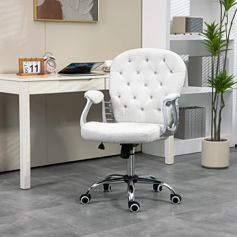 Vinsetto Button Tufted Desk Chair, Home Office Chair with Padded Armrests, Adjustable Height and Swivel Wheels, White