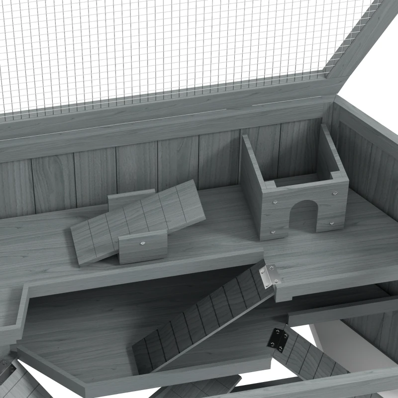 PawHut Wooden Hamster Cage Small Animal Exercise Play House 3 Tier with Tray, Seesaws, Water Bottle, Activity Center, Gray