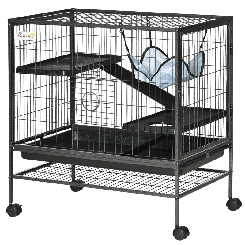 PawHut Small Animal Cage with Wheels, Pet Playpen for Rat, Syrian Hamster, Kitten, Ferrets, Chinchillas with Bottom Storage Shelf, Removable Tray, Ramp, 31.5" x 20.5" x 33.1"