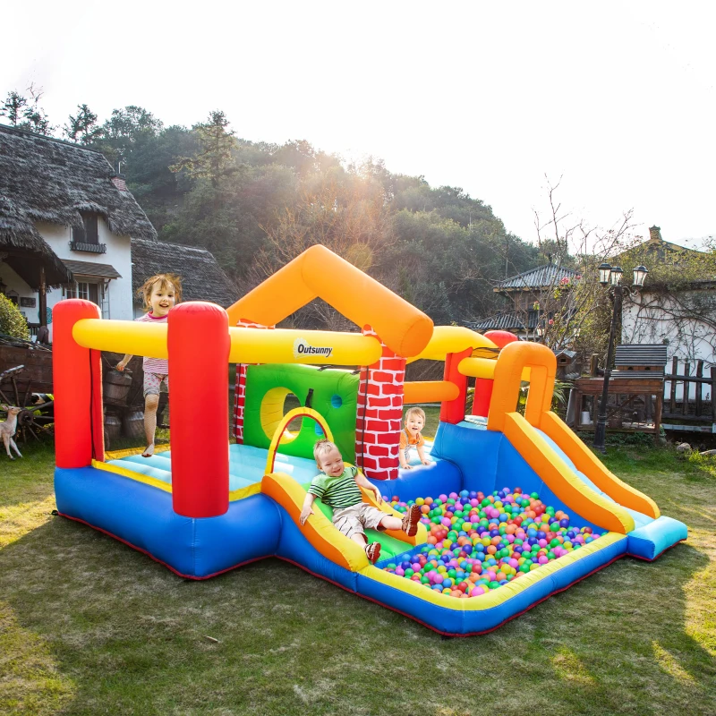 Outsunny 12.5 x 12FT Large Kids Bounce House, Castle-Themed with 2 Slides, Trampoline, Inflatable Pool, Climbing Wall, Carry Bag, 450W Air Blower