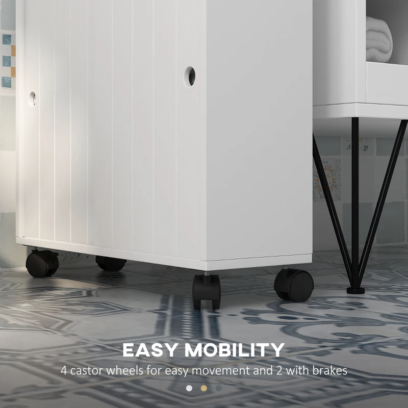 kleankin Toilet Paper Cabinet, Slim Bathroom Cabinet with 4 Rolling Wheels, Small Bathroom Storage Cabinet with Paper Holes, Sliding Doors and Adjustable Shelf for Small Space, White